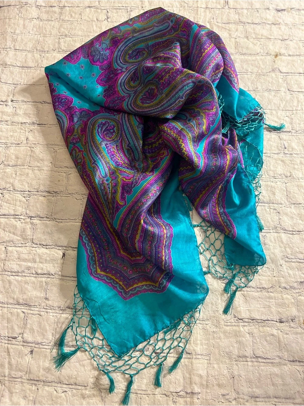 SILK INDIA MADE LARGE PURPLE/TEAL TURQUOISE PAISLEY WITH TASSEL FRINGE SCARF O/S